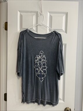 Free People Washed Charcoal Short Sleeve Embroidered Tee